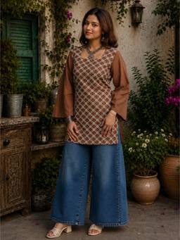 MYSHKA - Brown Printed Square Neck Kurti