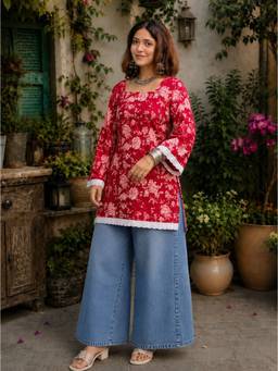 MYSHKA - Red Floral Square Neck Kurti