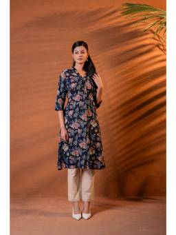 Juniper - Navy Blue Floral V-Neck Kurta