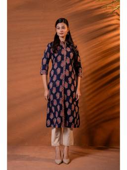 Juniper - Navy Blue Paisley Mandarin Neck Kurta