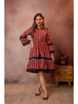 Juniper - Maroon Printed Mandarin Neck Dress with Belt
