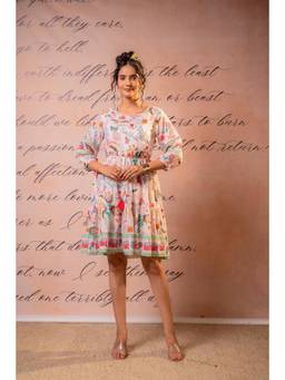 Juniper - Off White Printed Round Neck Dress with Belt