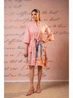 Juniper - Pink Printed Mandarin Neck Dress with Belt