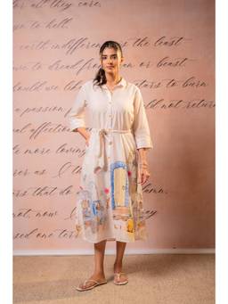 Juniper - Off White Printed Collar Neck Dress with Belt