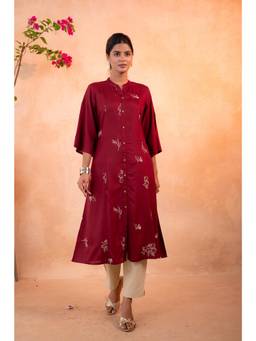 Juniper - Maroon Embroidered Mandarin Neck Kurta