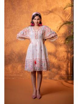 Juniper - White Floral V-Neck Dress with Inner