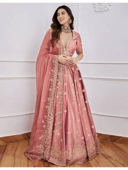 Kedar Fab - Peach Embroidered V-Neck Lehenga Unstitched Choli with Dupatta