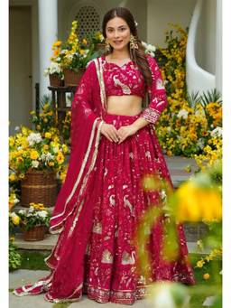 Kedar Fab - Pink Embroidered Sweetheart Lehenga Unstitched Choli with Dupatta