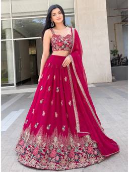 Kedar Fab - Pink Floral Sweetheart Lehenga Unstitched Choli with Dupatta