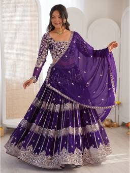 Kedar Fab - Purple Embroidered Square Neck Lehenga Unstitched Choli with Dupatta