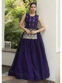 Kedar Fab - Purple Embroidered Round Neck Top with Skirt