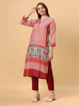 SANAA - Red Printed Mandarin Neck Kurta
