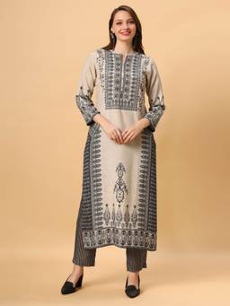 SANAA - Beige Embroidered Round Neck Kurta
