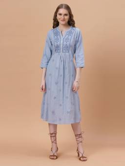 SANAA - Blue Embroidered Mandarin Neck Dress