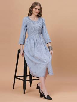 SANAA - Blue Embroidered Round Neck Dress