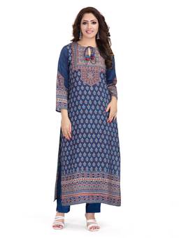 SANAA - Blue Printed Tie Up Neck Kurta