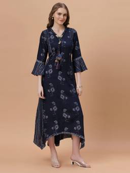 SANAA - Indigo Embroidered V-Neck Dress