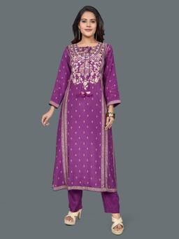 SANAA - Purple Embroidered Tie Up Neck Kurta