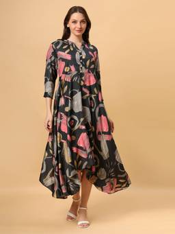 SANAA - Black Floral Mandarin Neck Dress