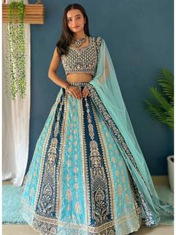 Kedar Fab - Aqua Embroidered Sweetheart Lehenga Unstitched Choli with Dupatta