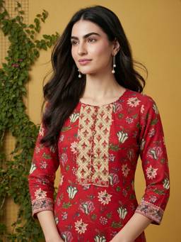Vaamsi - Red Floral Round Neck Kurta
