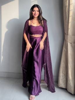 Kedar Fab - Wine Embroidered Shoulder Straps Lehenga & Blouse with Shrug