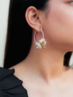 ISHKAARA - Pink Shell with White Stone Hoop Earrings