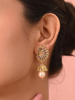 Ratnavali Jewels - Gold Plated American Diamond Cz Multi-Color Jhumki Pearl Drop Earrings