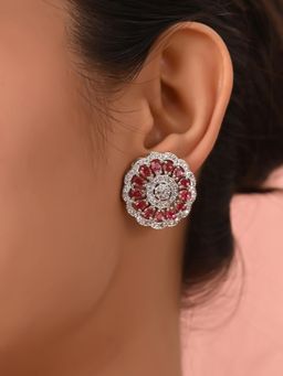 Ratnavali Jewels - Silver Plated American Diamond Cz Red Stud Round Earrings