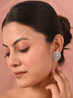 Ratnavali Jewels - Silver Plated American Diamond Cz White Stud Round Earrings