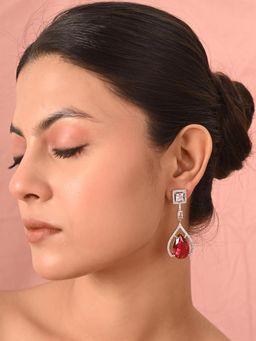 Ratnavali Jewels - Silver Plated American Diamond Cz Red Dangle Drop Earrings