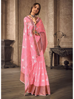 Sangam Prints - Pink Woven Work Traditional Saree with Unstitched Blouse