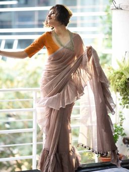 Suta - Beige Solid Pure Cotton Ruffle Saree without Blouse