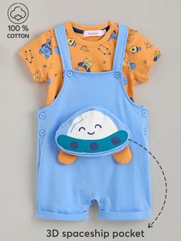 Hopscotch - Boys Orange Cotton Astronaut Theme Dungaree With T-shirt