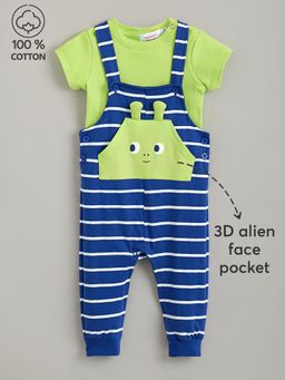 Hopscotch - Boys Green Cotton Striped Dungaree With T-shirt