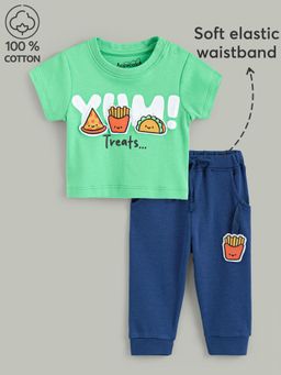 Hopscotch - Boys Green Cotton Food Patches Joggers With T-shirt
