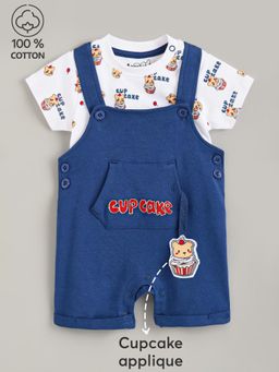 Hopscotch - Boys White Cotton Cupcake Dungaree With T-shirt