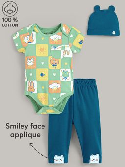 Hopscotch - Boys Green Cotton All-Over Print Onesie & Pant With Cap