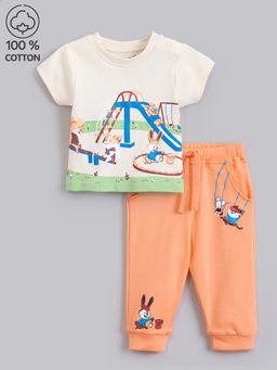 Hopscotch - Boys Cream Cotton Graphic Joggers With T-shirt