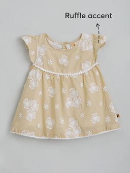Hopscotch - Girls Beige Floral Embroidered Casual Knee Length Dress