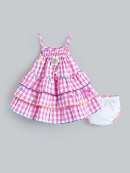 Hopscotch - Girls Pink Cotton Smocked Checkered Garden Knee Length Dress With Bloomer