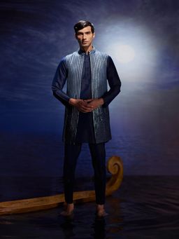 Eleven Brothers - Lehar Mirror Hand Embroidery Silk Kurta with Nehru Jacket & Trouser