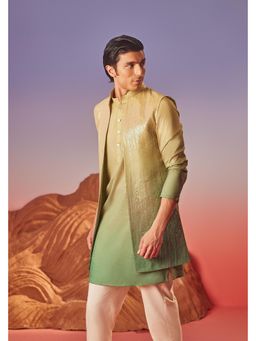 Eleven Brothers - Noorani Silk Embroidery Green Kurta with Nehru Jacket & Trouser