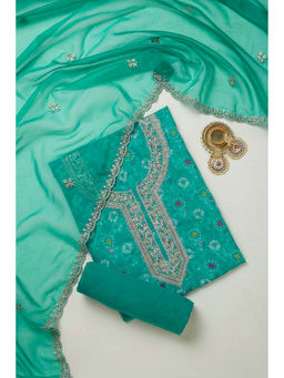 Soch - Teal Green Organza Bandani Print Unstitched Dress Material with Sequence Work (Set of 3)