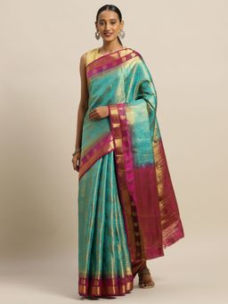 Sangam Prints - Sea Green Silk Jacquard Traditional Saree with Unstitched Blouse