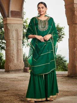Jaipur Kurti - Women Green Silk Kurta With Sharara And Dupatta (Set of 3)