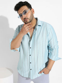 Instafab Plus - Men Light Blue Contrast Pinstriped Shirt