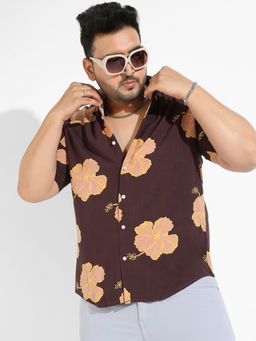 Instafab Plus - Men Brown Hibiscus Print Shirt