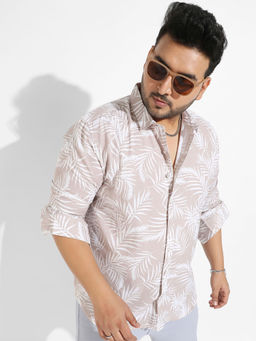 Instafab Plus - Men Beige Pinstriped Shirt
