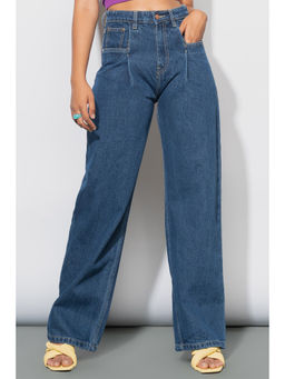 FREAKINS - Dark Blue Straight Pleated Jeans